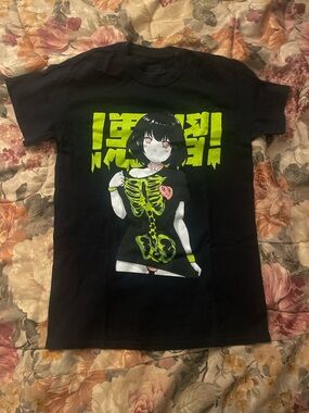 Black Kids Graphic Tee with Neon Green Skeleton Anime Girl Print